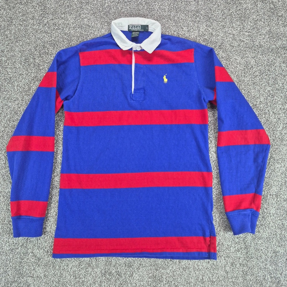 Vintage Polo Ralph Lauren Rugby Shirt Mens Large Blue Red Striped Made in USA